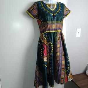 Handmade African Dashiki Dress & Skirt Set Womens S Green Tribal 2-Piece